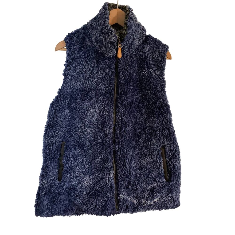 Simply Southern Faux Fur sherpa Fuzzy Vest Full Zip Sleeveless Blue/Gray Large